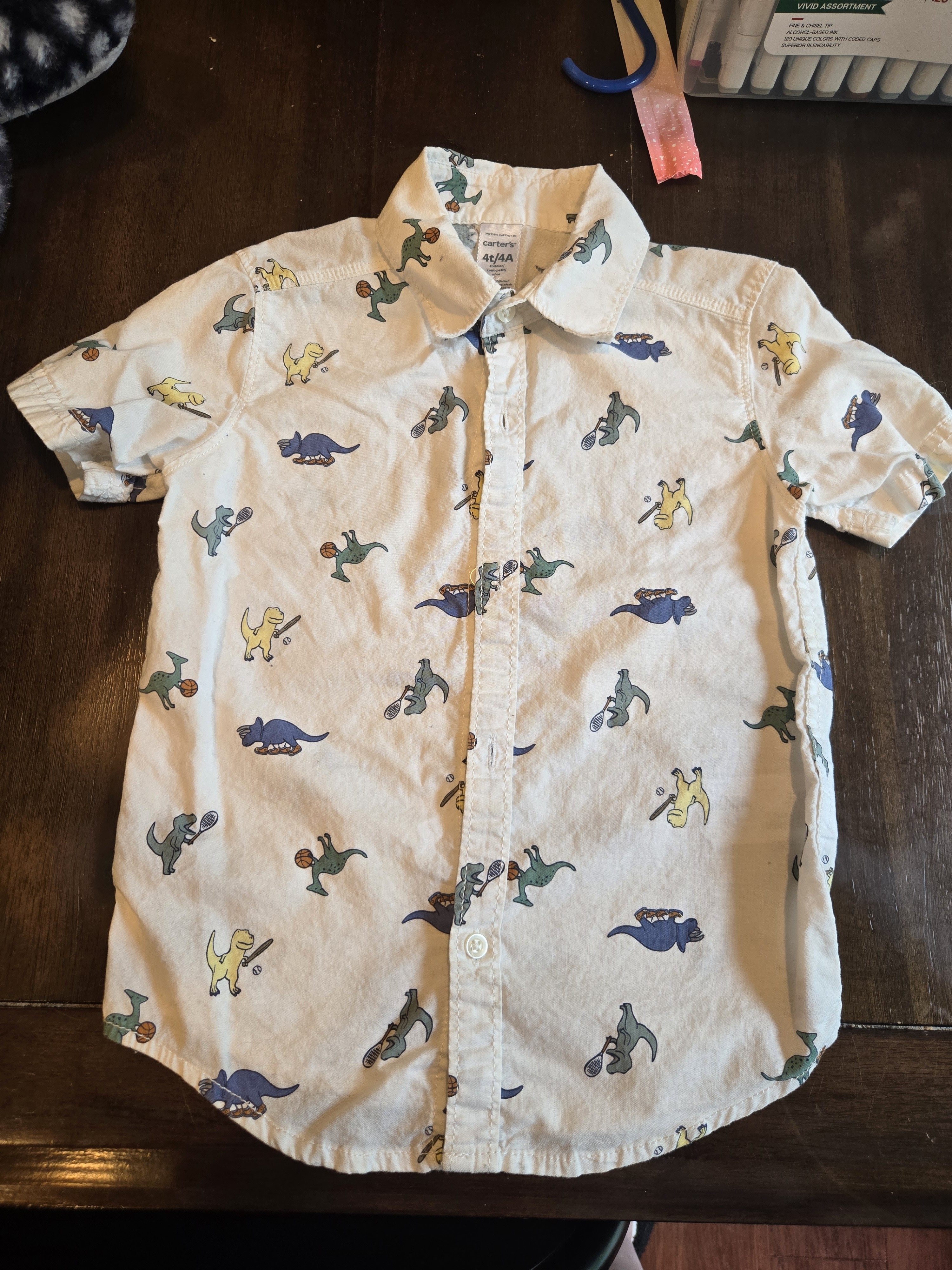 4t Dinosaur Print Short Sleeve Button-Up Shirt - Cream With Multicolor Dinosaurs
